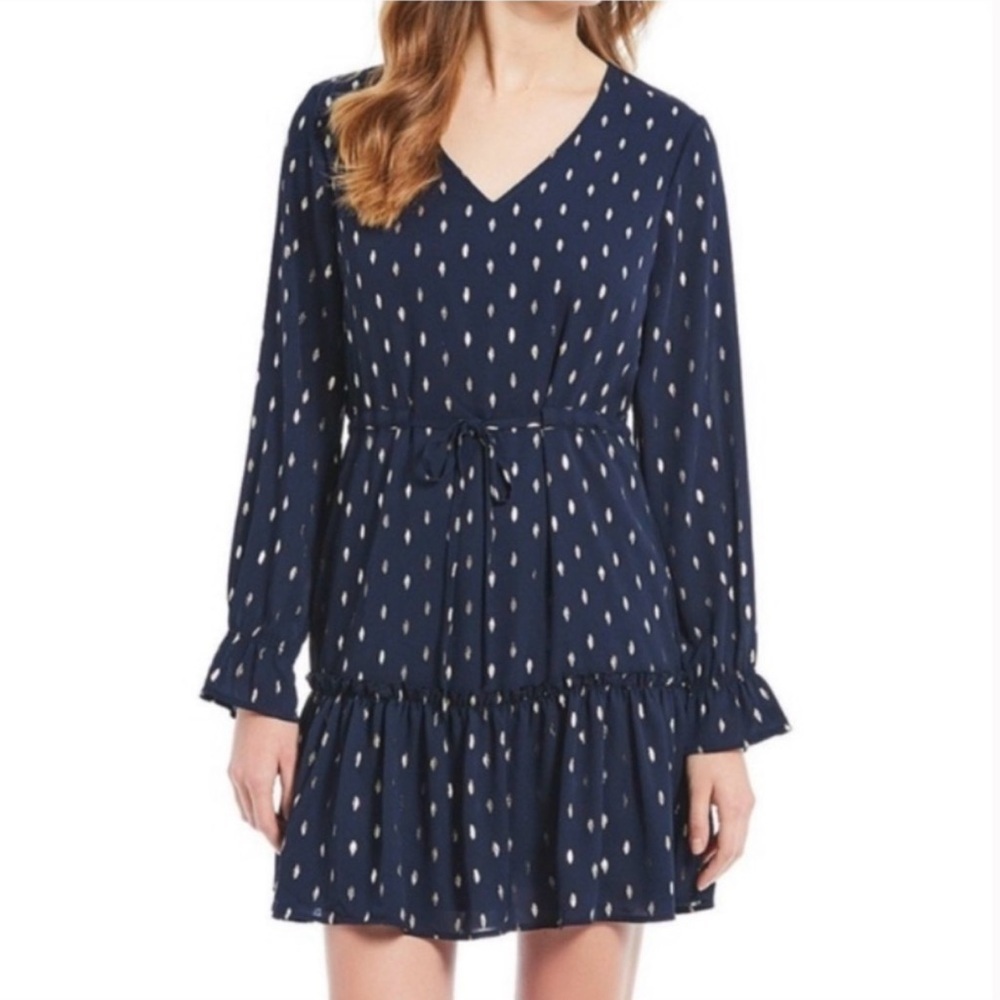 Anthropologie Skies are Blue Luna Navy Gold Foil
Print Ruffle Dress Size Medium‎